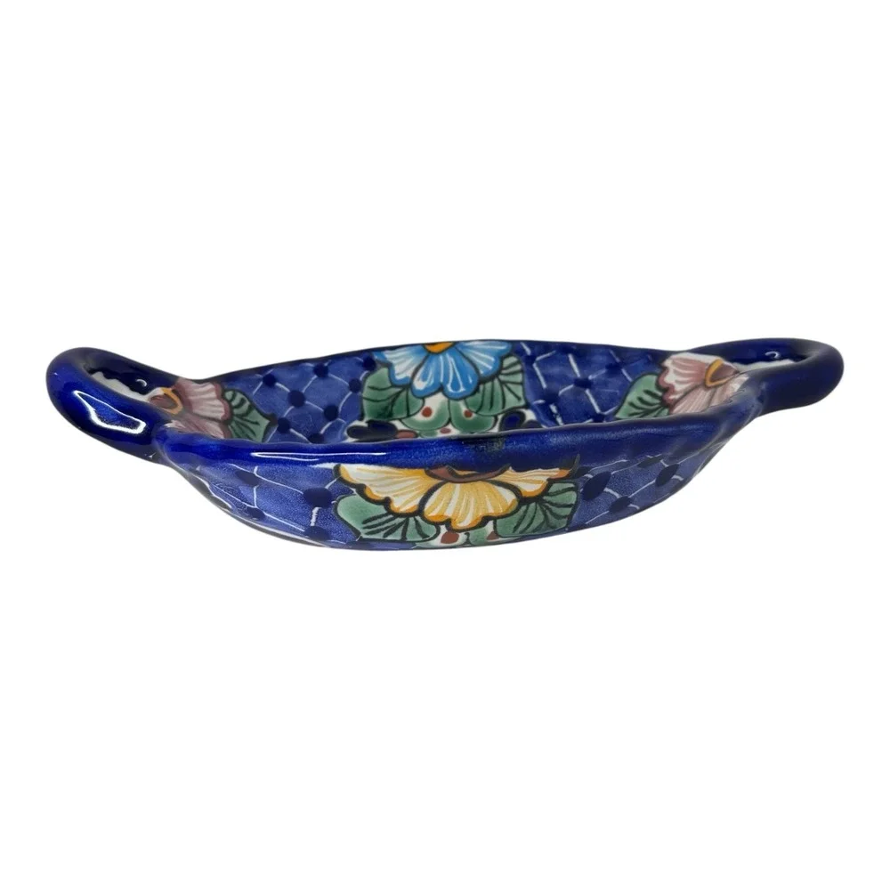 Talavera Mexican Pottery Oval Serving Dish Blue‎ Floral Hand Painted Lead Free